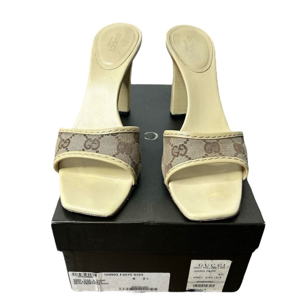 Gucci GG Monogram Slide Sandal Heels Beige Canvas Cream Size 8.5 Box Mules - Picture 3 of 9